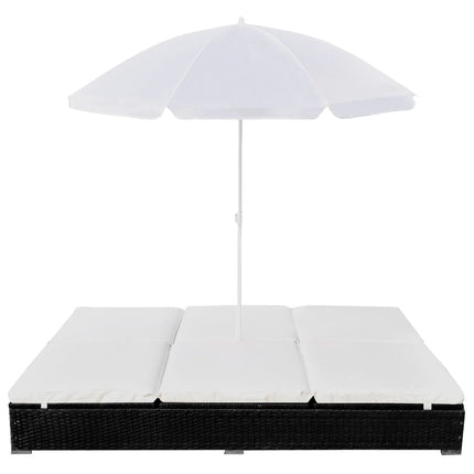 Chaise longue d'extérieur avec parasol Résine tressée Noir