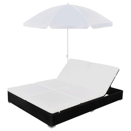 Chaise longue d'extérieur avec parasol Résine tressée Noir