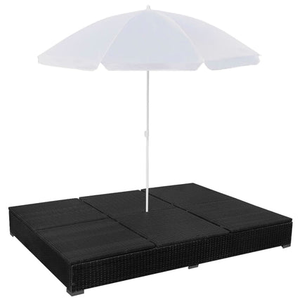 Chaise longue d'extérieur avec parasol Résine tressée Noir