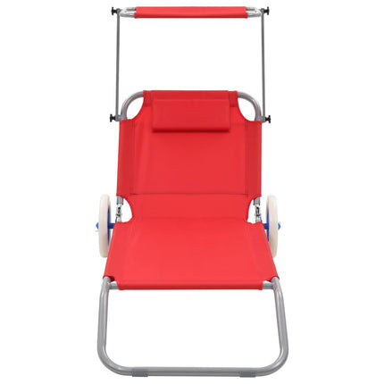 Chaise longue pliable avec auvent et roues Acier Rouge