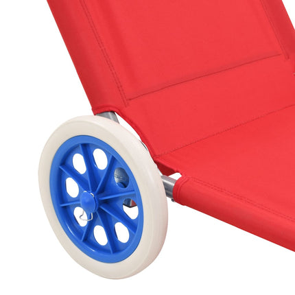 Chaise longue pliable avec auvent et roues Acier Rouge