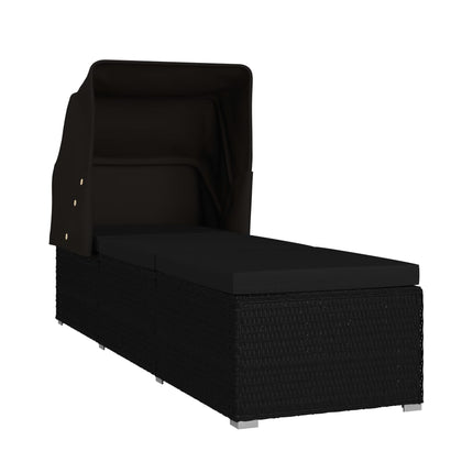 Chaise longue avec auvent et coussin Résine tressée Noir