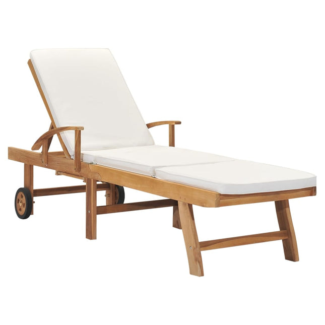 Chaise longue avec coussin Bois de teck solide Crème
