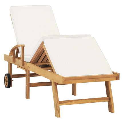 Chaise longue avec coussin Bois de teck solide Crème
