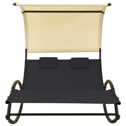 Chaise longue double avec auvent textilène noir et crème