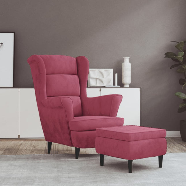 Fauteuil à oreilles avec tabouret bordeaux velours