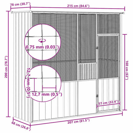 Cage à oiseaux gris 215x78x200 cm acier galvanisé