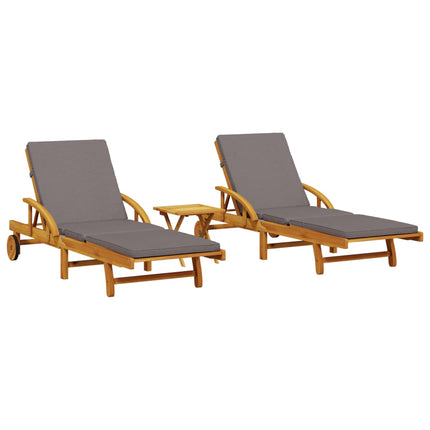 Chaises Longues Lot De 2 Avec Table Bois Massif D'acacia Gris foncé 2x sunlounger + table 1