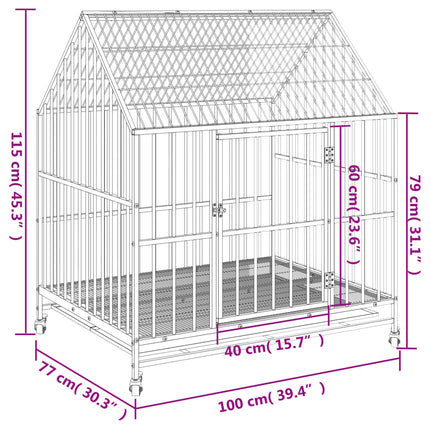 Cage pour chien avec roues noir gris acier galvanisé