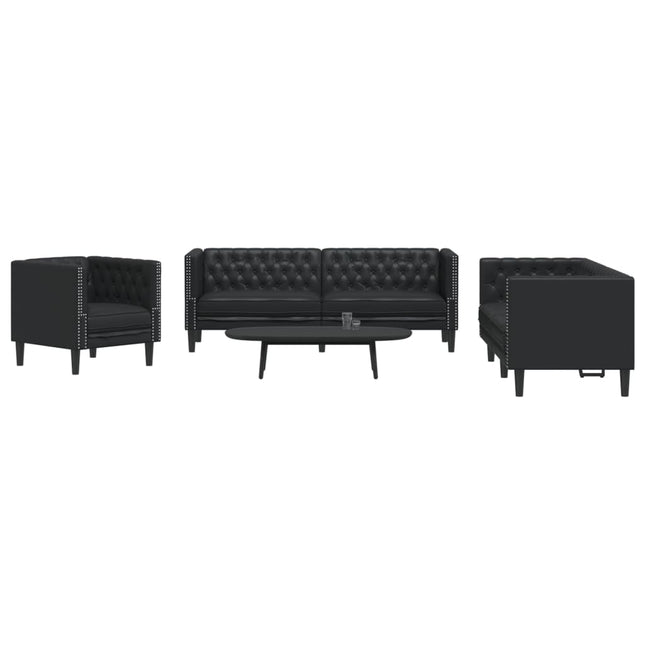 Ensemble de canapé Chesterfield 3 pcs noir similicuir