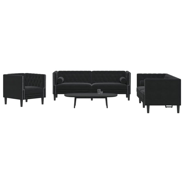 Ensemble de canapé Chesterfield et traversins 3pcs noir velours