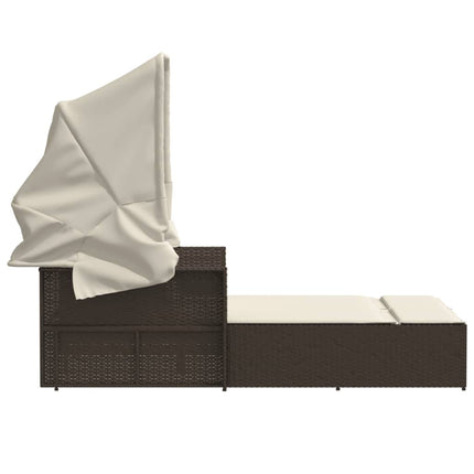 Chaise longue double avec auvent et coussins marron poly rotin