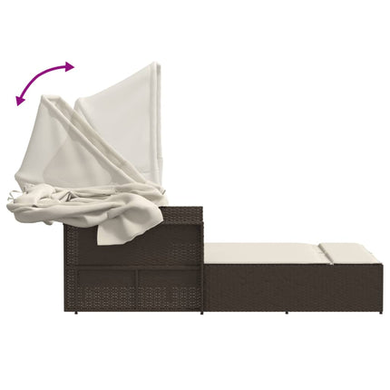 Chaise longue double avec auvent et coussins marron poly rotin
