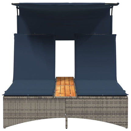 Chaise longue double avec auvent et coussins en polyrotin gris