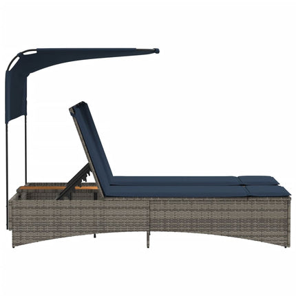Chaise longue double avec auvent et coussins en polyrotin gris