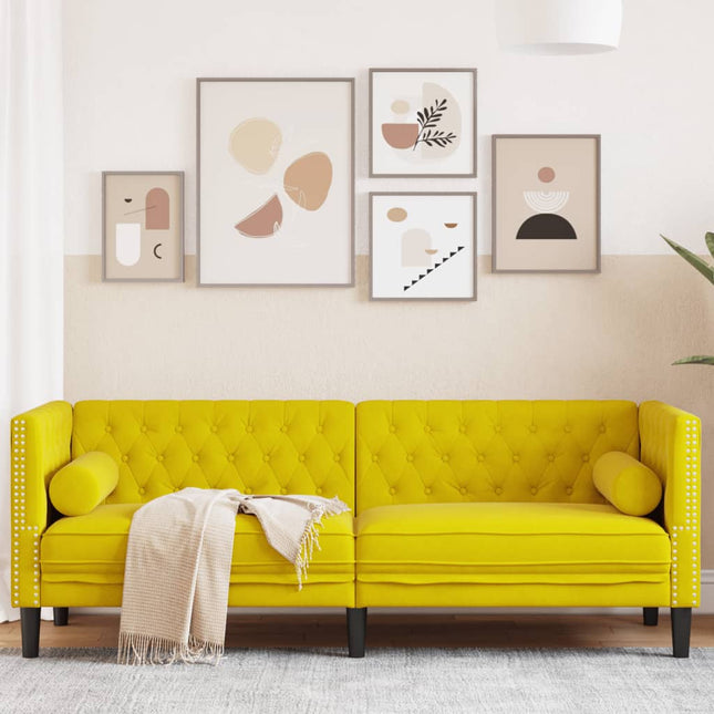 Canapé Chesterfield avec traversins 3 places jaune velours
