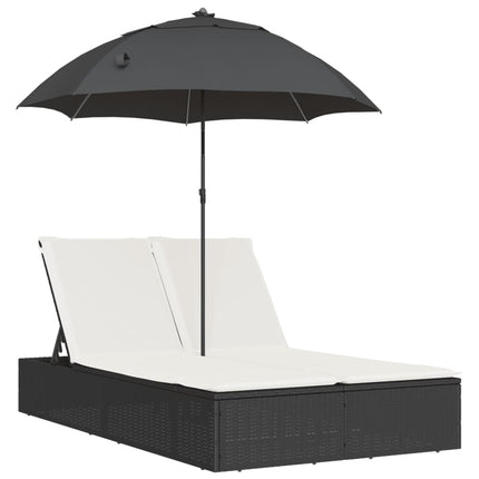 Chaise longue double et coussins et parasol noir résine tressée