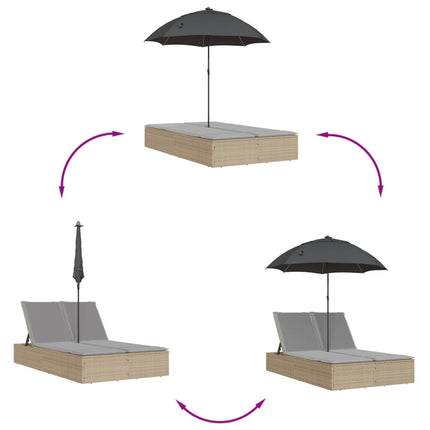 Chaise longue double avec coussins et parasol beige poly rotin