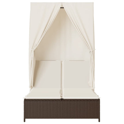 Chaise longue double avec toit et rideaux marron résine tressée
