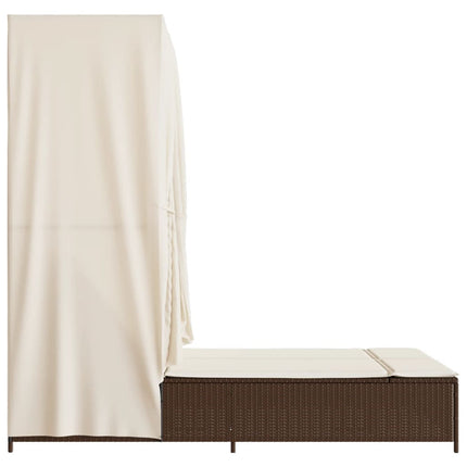 Chaise longue double avec toit et rideaux marron résine tressée