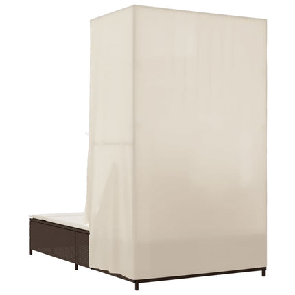 Chaise longue double avec toit et rideaux marron résine tressée