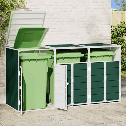Rangement à roulettes pour poubelles pour trois bacs vert acier