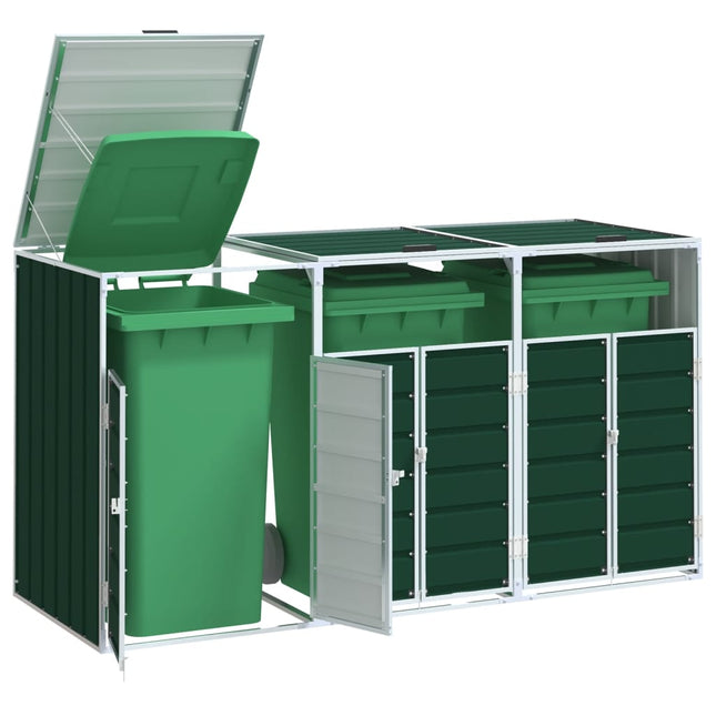 Rangement à roulettes pour poubelles pour trois bacs vert acier
