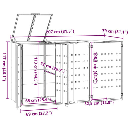 Rangement à roulettes pour poubelles pour 3 bacs noir acier