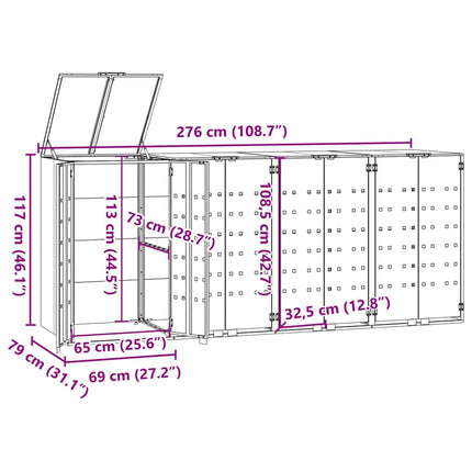 Rangement à roulettes pour poubelles pour 4 bacs noir acier