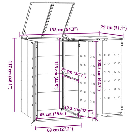 Rangement à roulettes pour poubelles pour 2 bacs gris acier