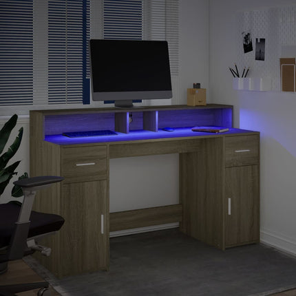 Bureau avec lumières LED chêne sonoma bois d'ingénierie