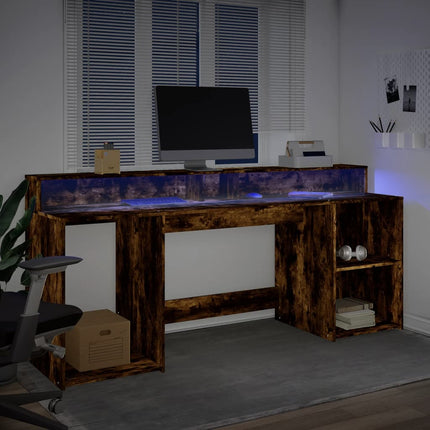 Bureau et lumières LED chêne fumé 200x55x91cm bois d'ingénierie