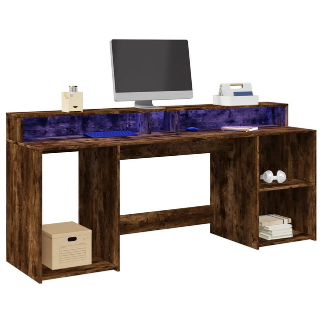 Bureau et lumières LED chêne fumé 200x55x91cm bois d'ingénierie