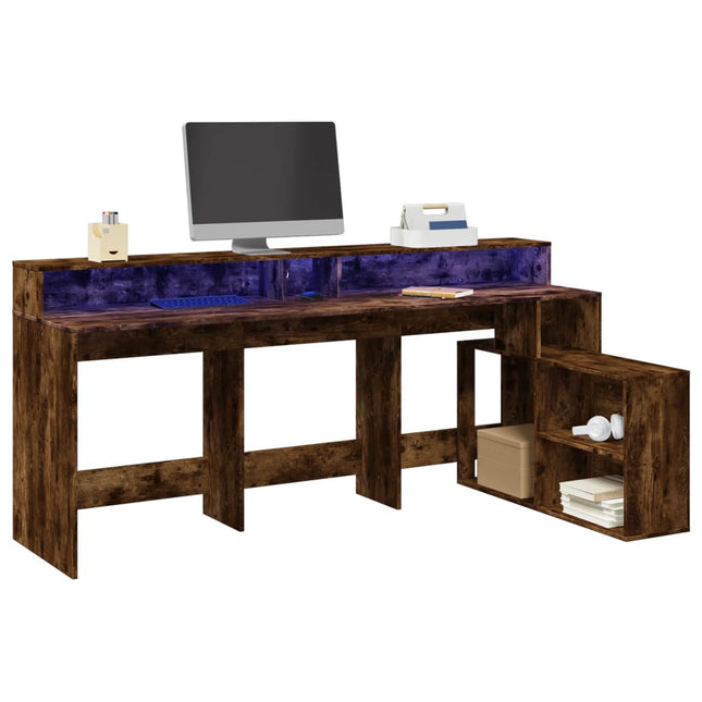 Bureau et lumières LED chêne fumé 200x104x91cm bois ingénierie