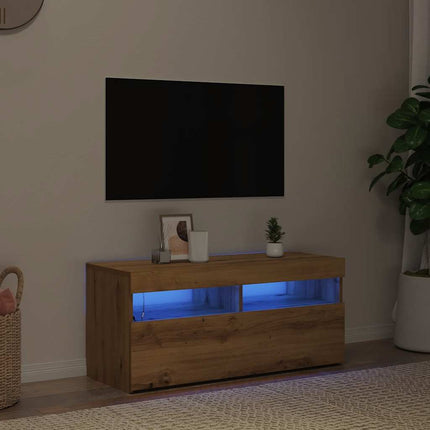 Meuble TV avec lumières LED chêne artisanal bois d'ingénierie