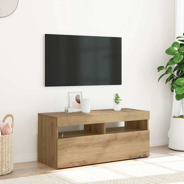 Meuble TV avec lumières LED chêne artisanal bois d'ingénierie