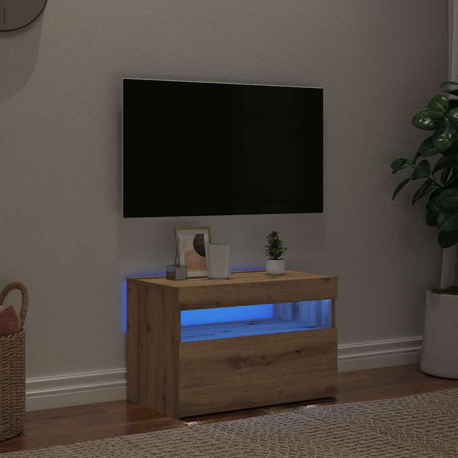Meuble TV avec lumières LED chêne artisanal bois d'ingénierie