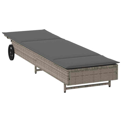 Chaise longue avec roues et coussin gris résine tressée