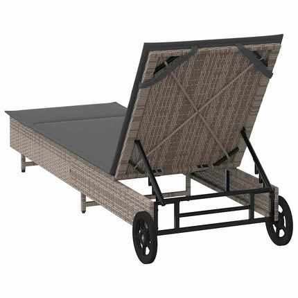 Chaise longue avec roues et coussin gris résine tressée