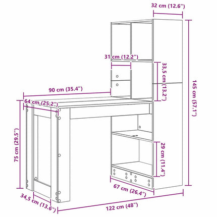 Bureau Gris Sonoma 122 x 67 x 145 cm Bois d'ingénierie