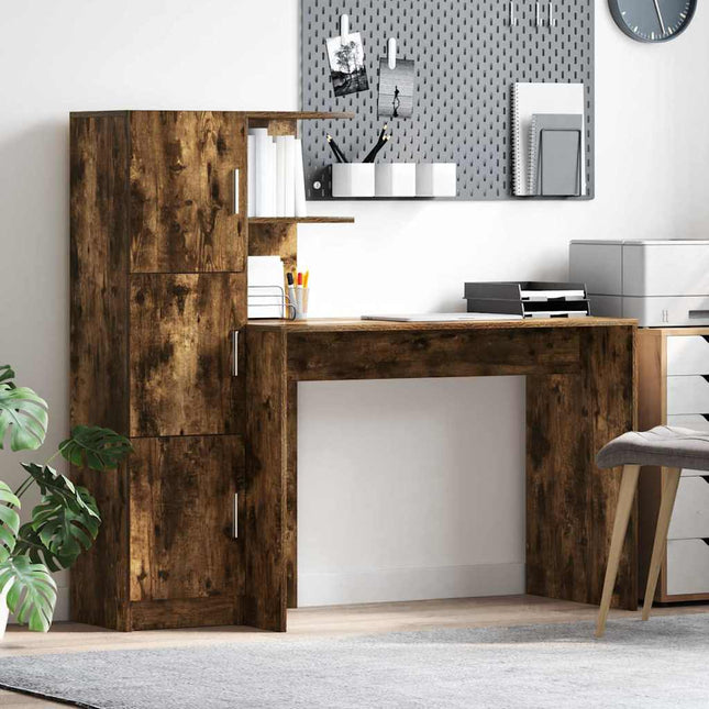 Bureau avec rangement 2 pcs Chêne fumé Bois d'ingénierie