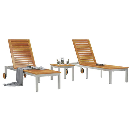 Chaises longues 2pcs avec table 3 pcs Marron Acacia massif