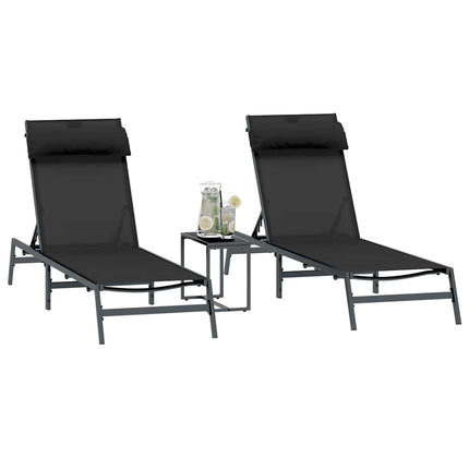 Transats avec table 3 pcs Noir et anthracite 197 x 54 x 86 cm