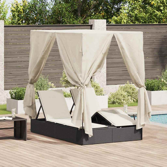 Transat double avec toit Noir 205 x 129 x 200 cm Rattan PE