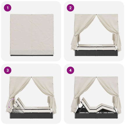 Transat double avec toit Noir 205 x 129 x 200 cm Rattan PE