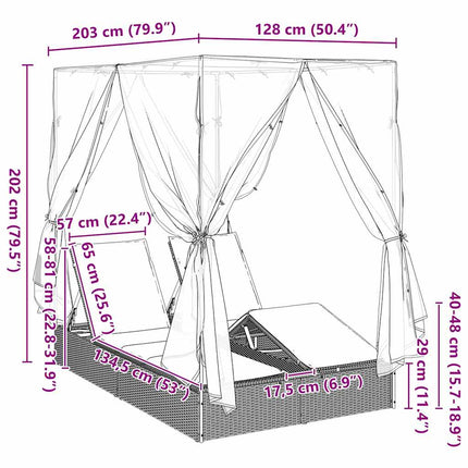Transat double avec toit Noir 205 x 129 x 200 cm Rattan PE